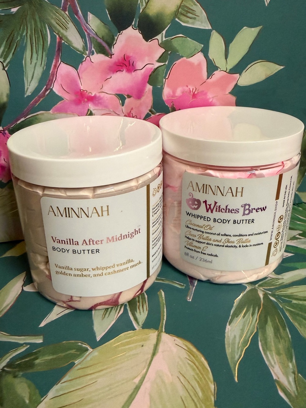 Aminnah Body Butter Duo – Vanilla After Midnight & Witches Brew – 8 oz Each
